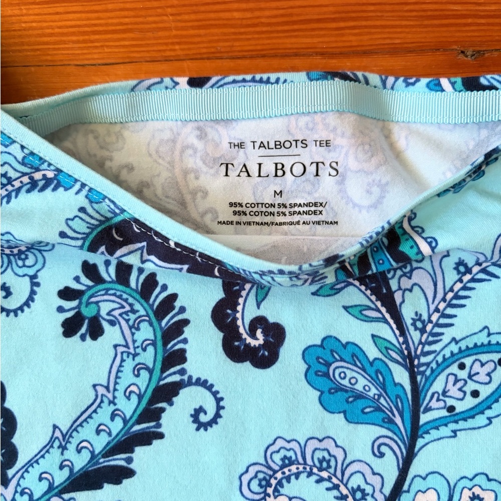 Talbots Aqua and Navy Paisley Boatneck 3/4 Sleeve Top - Picture 2 of 3